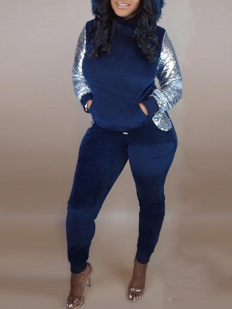 

Fluffy Hooded Sequin Insert Sweatshirt & Pant Sets, Blue