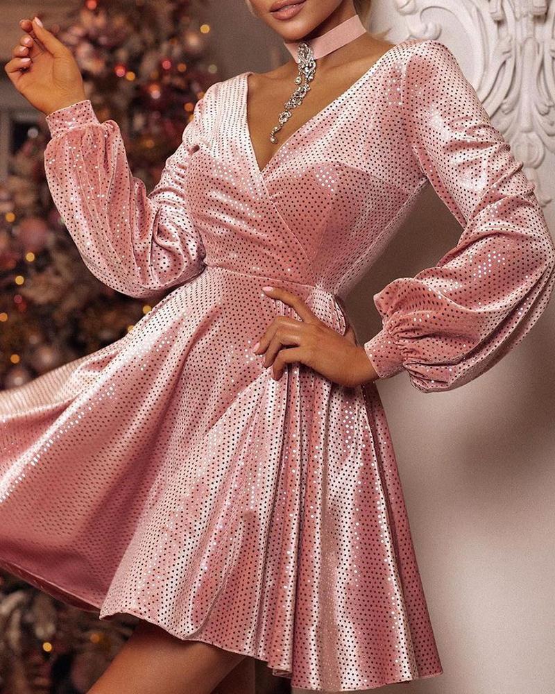 

Velvet Studded Long Sleeve Wrap Dress Without Choker, Pink
