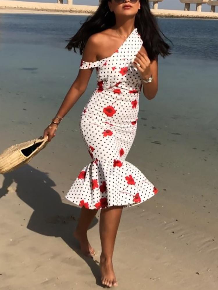 

Dot Floral Print One Shoulder Pep Hem Bodycon Dress
