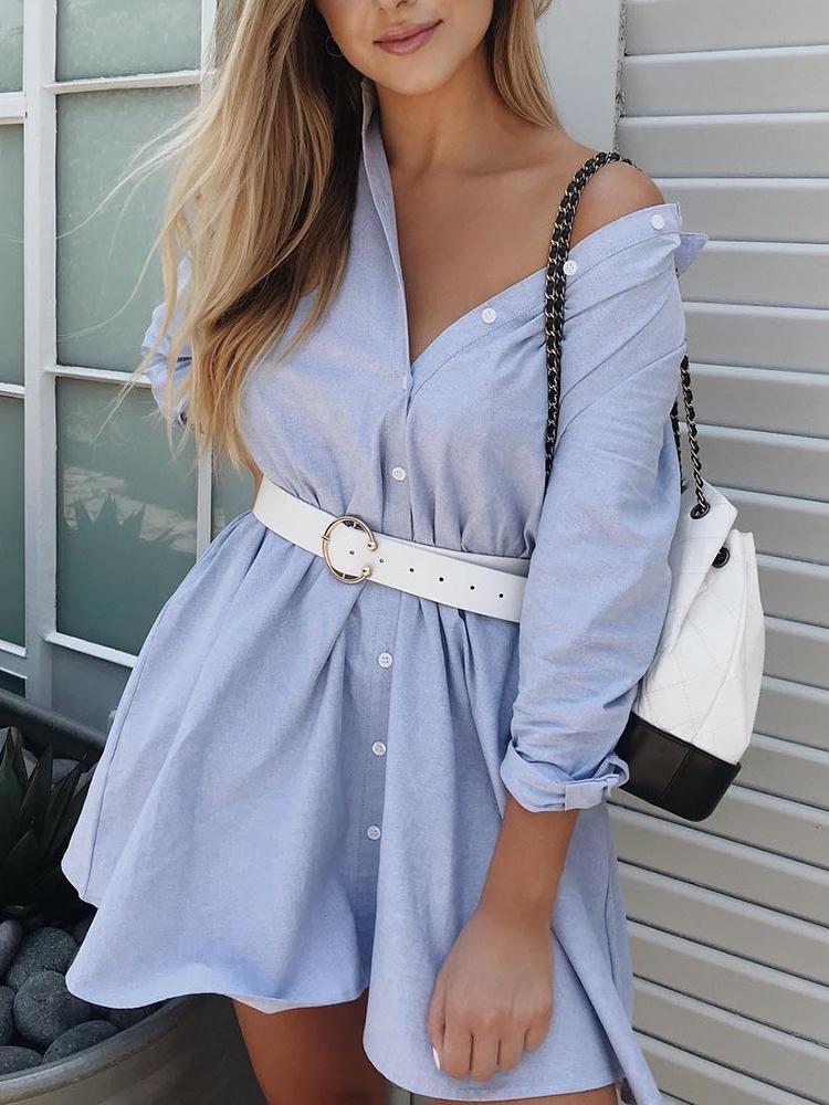 

Solid Button Through Long Sleeve Shirt Dress