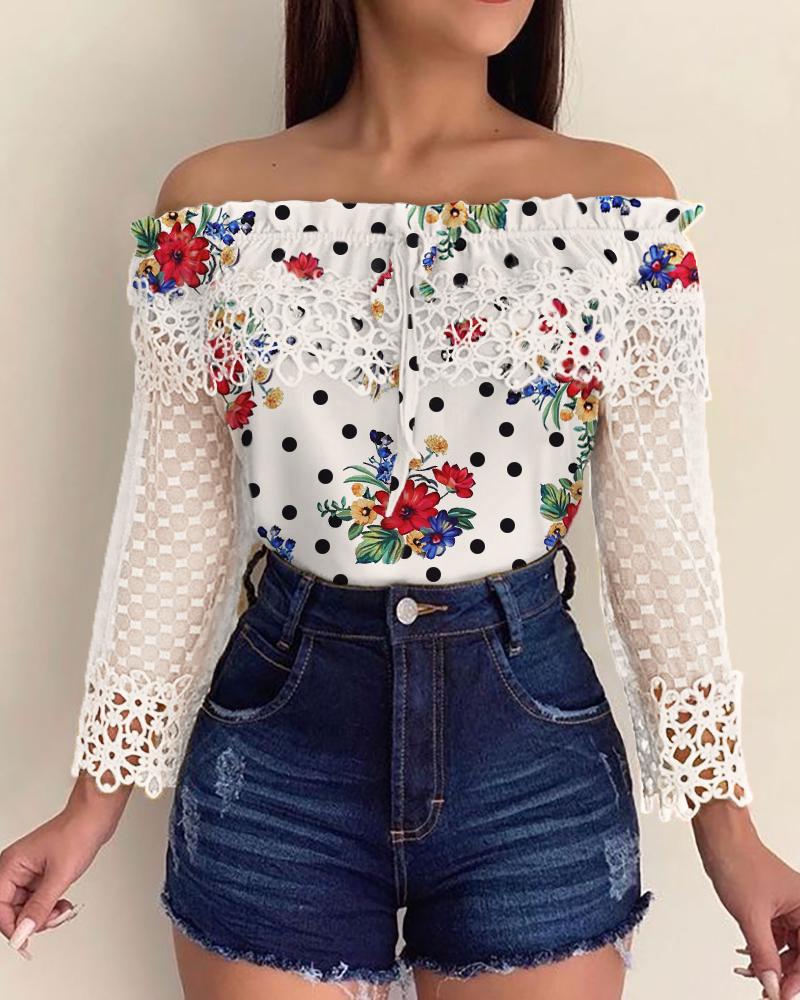 

Off Shoulder Crochet Lace Print Casual Blouse, White