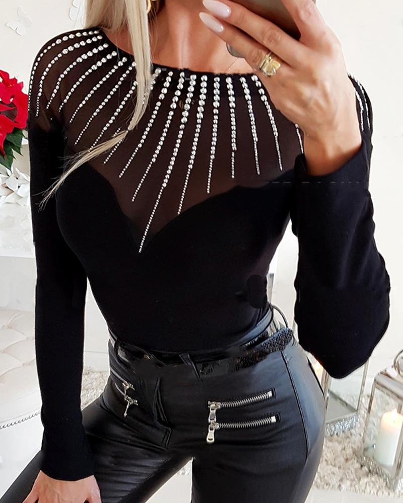 

Embellished Mesh Insert Long Sleeve Top, Black