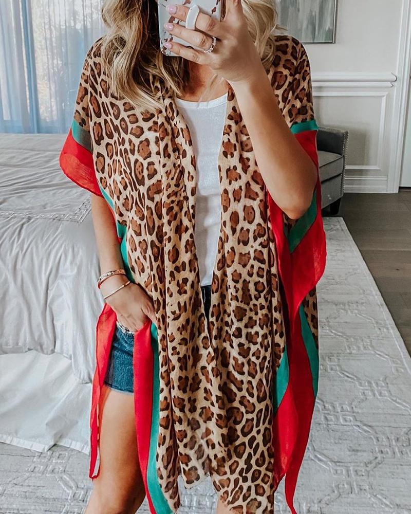 

Colorblock Cheetah Print Half Sleeve Cardigan, Leopard