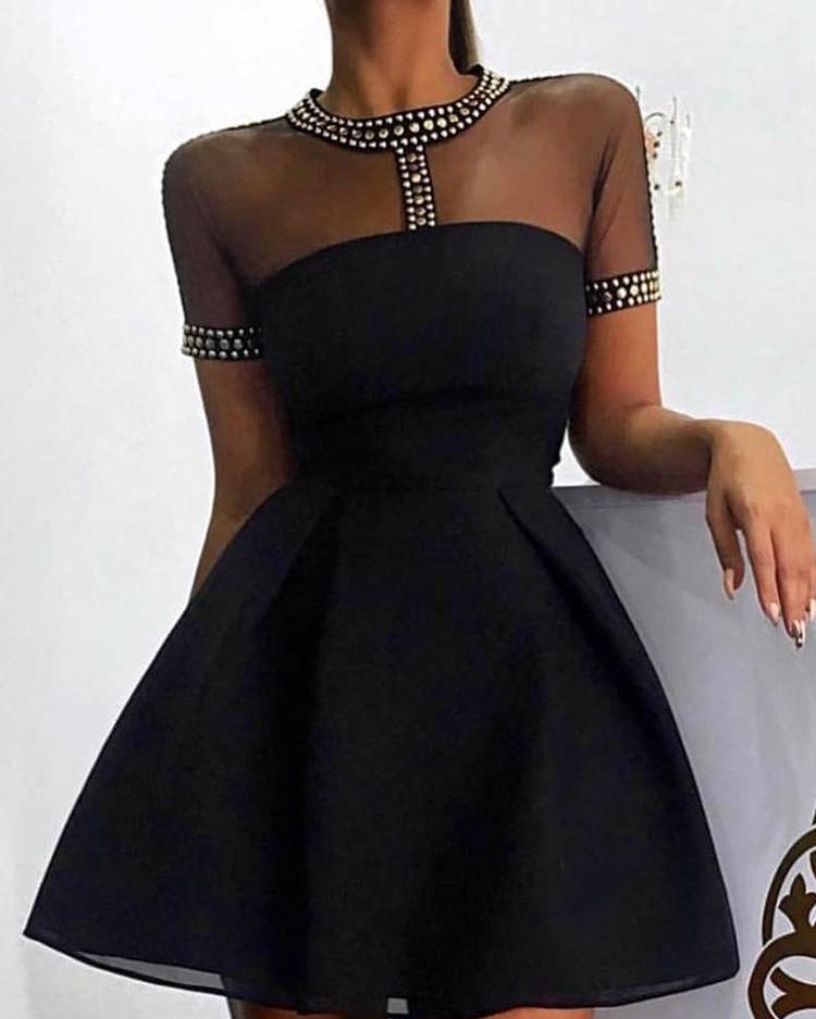 

Stud Detail Sheer Mesh Insert Dress, Black