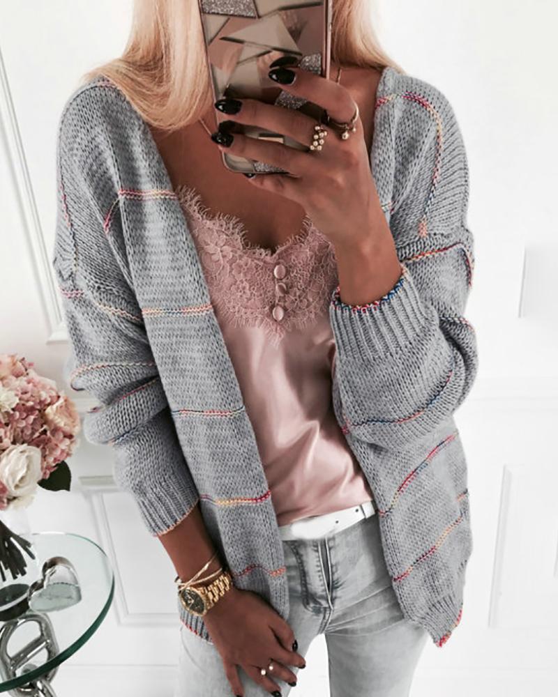 

Striped Long Sleeve Open Front Cardigan, Gray