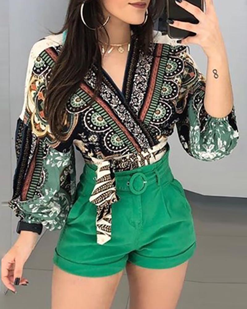 

Lantern Sleeve Knotted Surplice Wrap Printed Blouse