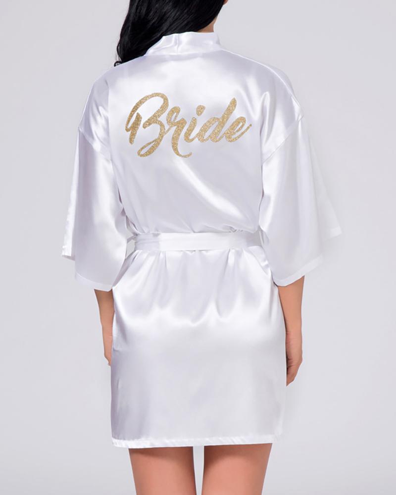 

Letter Print Satin Robe For Bride, White