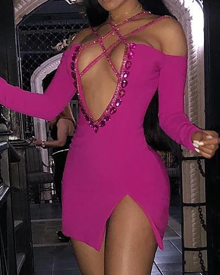 

Glitter Beaded Lace-Up Cutout Bodycon Dress, Hot pink