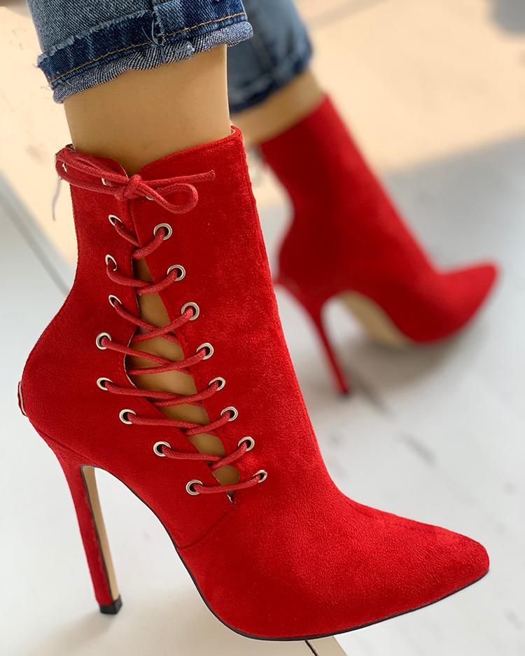 

Suede Lace-Up Eyelet Pointed Toe Boots, Red