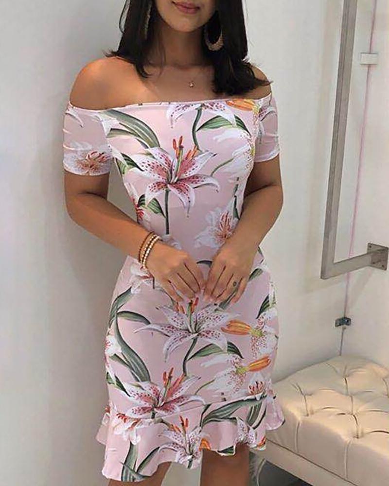 

Off Shoulder Floral Print Ruffles Dress, Multicolor