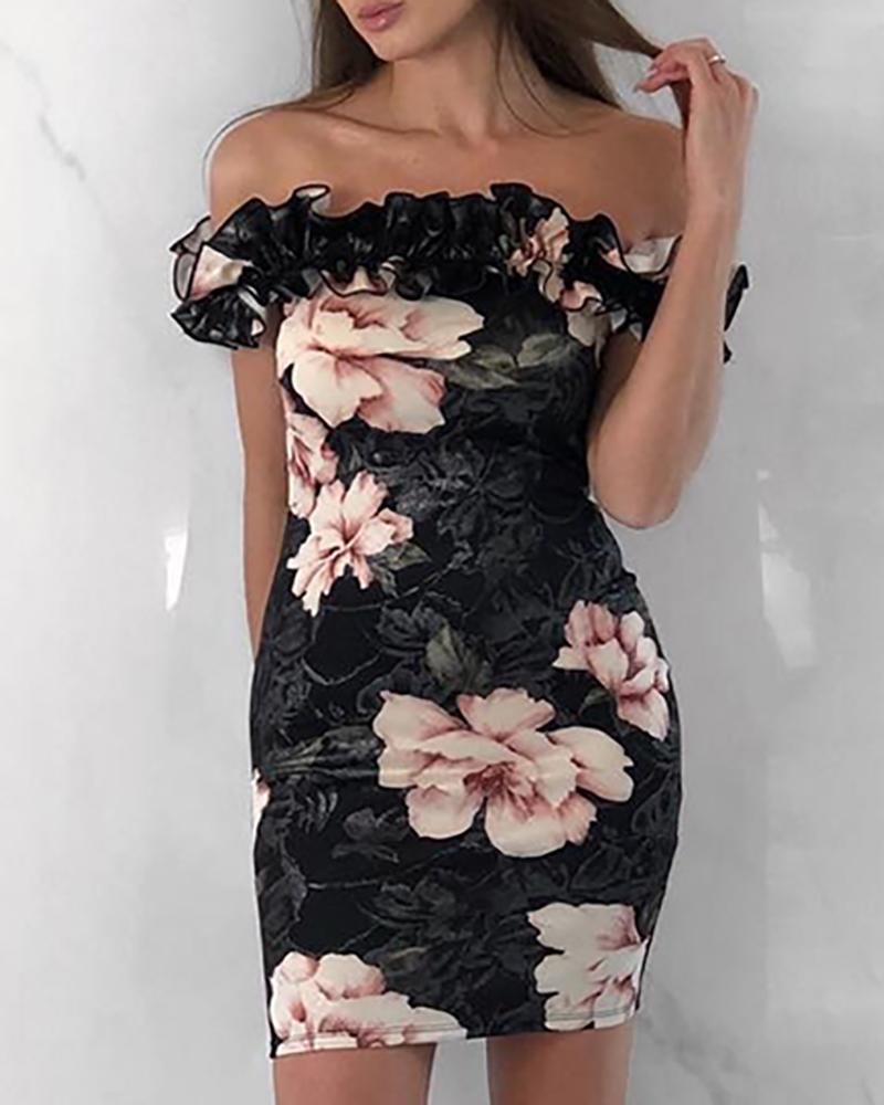 

Off Shoulder Floral Print Dress, Black