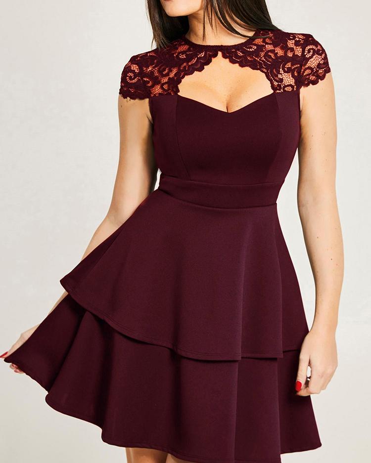 

Lace Cut Out Front Layered Ruffles Dress, Wine red
