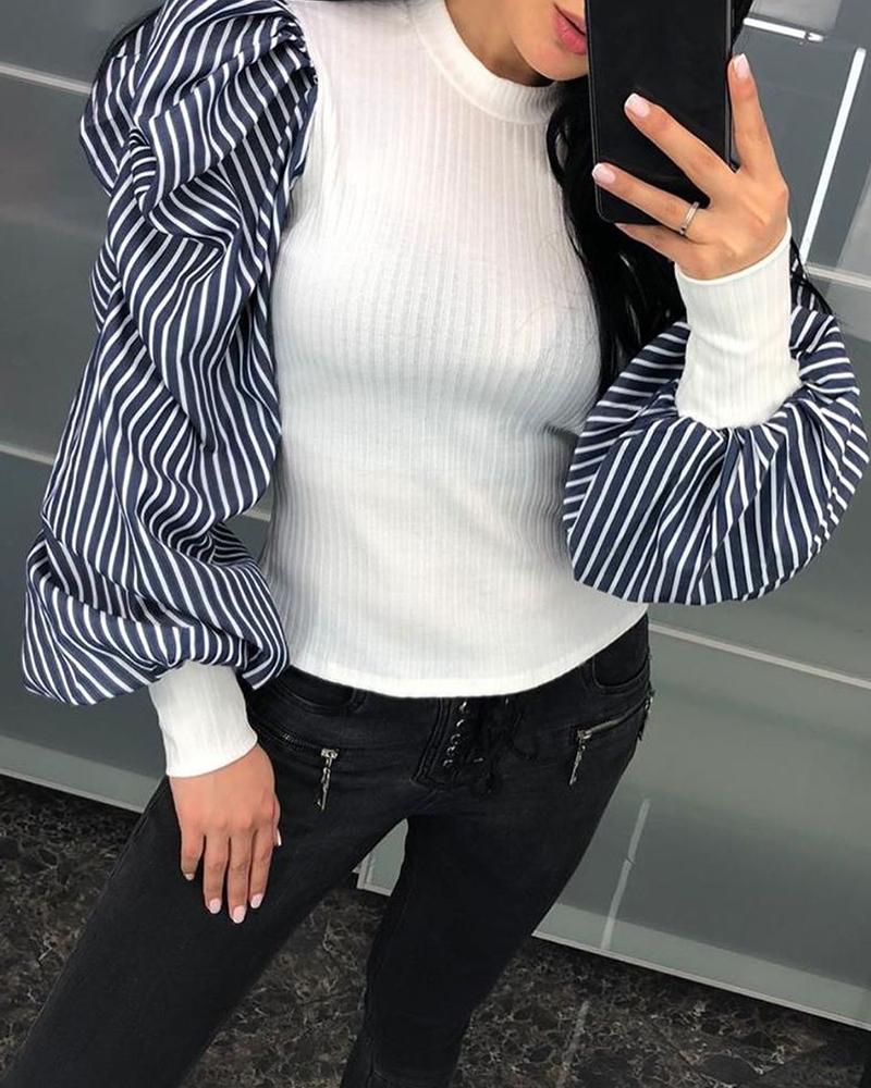 

Striped Puffed Sleeve Blouse, White