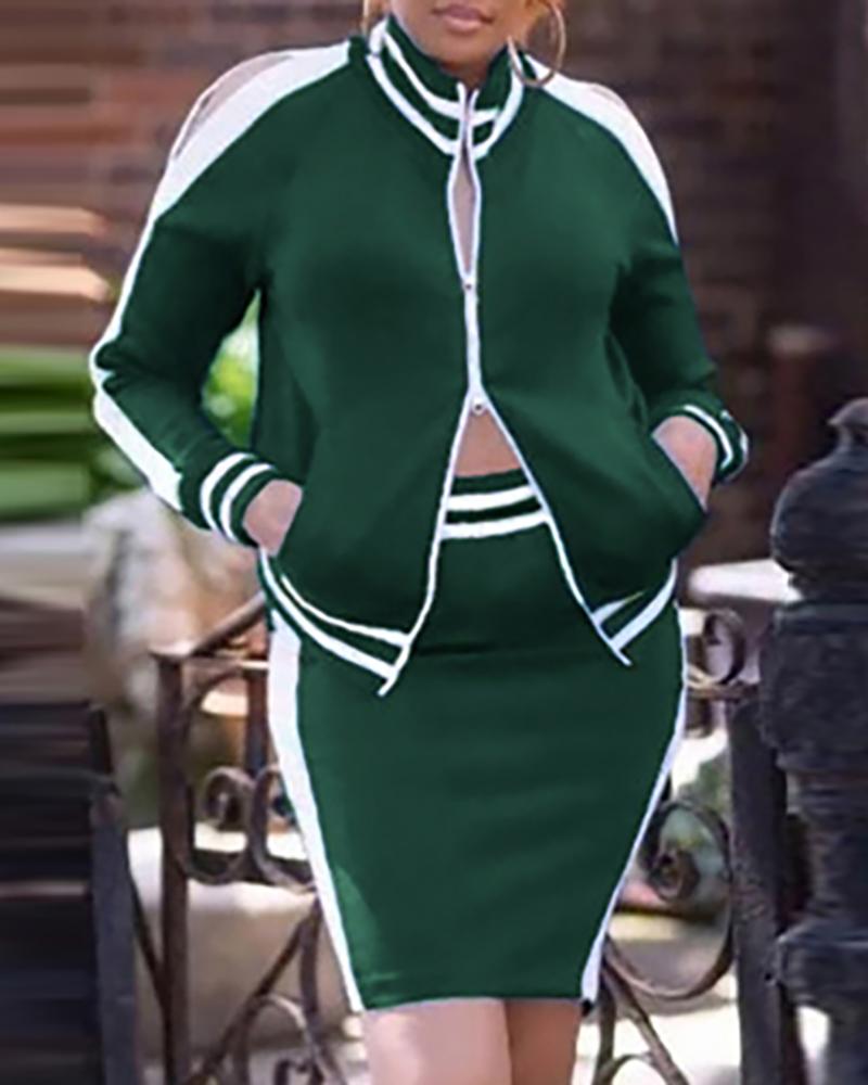 

Colorblock Striped Coat & Skirt Sets, Green