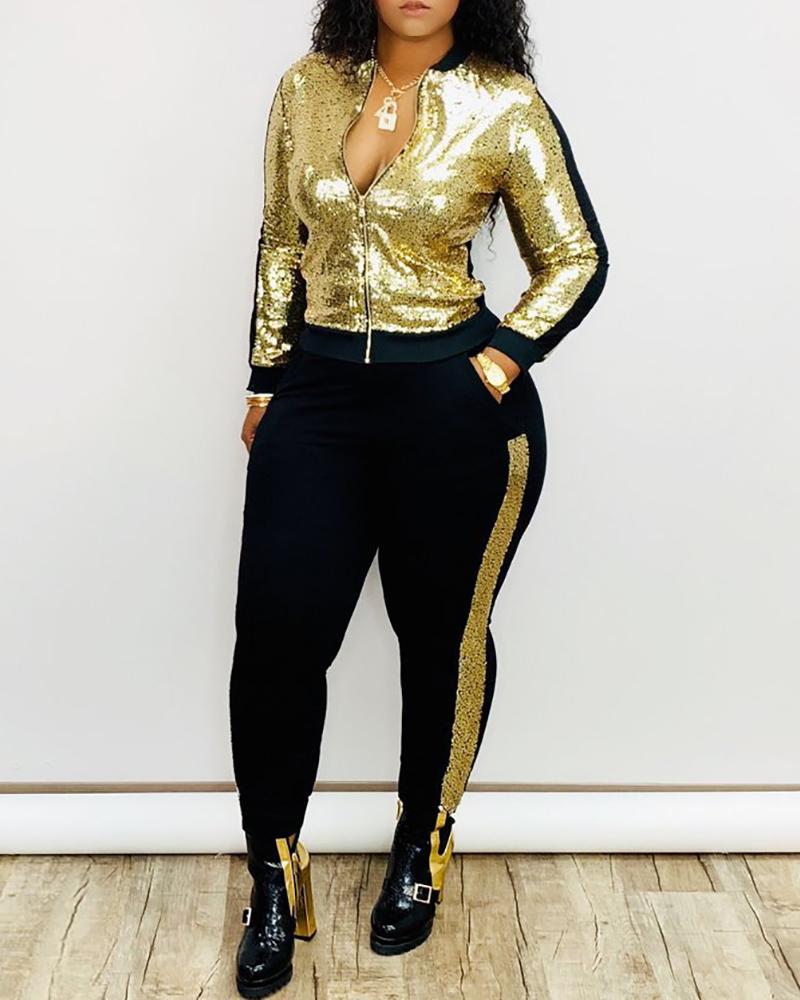 

Glitter Sequin Zipper Design Suit Sets, Gold