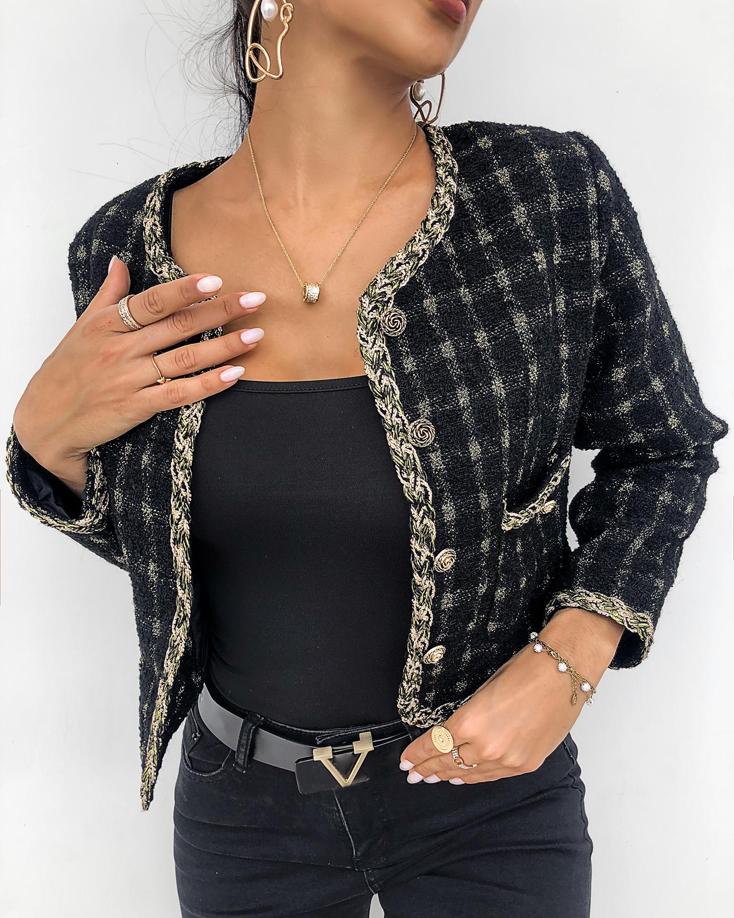 

Button Pocket Design Long Sleeve Plaid Coat, Black
