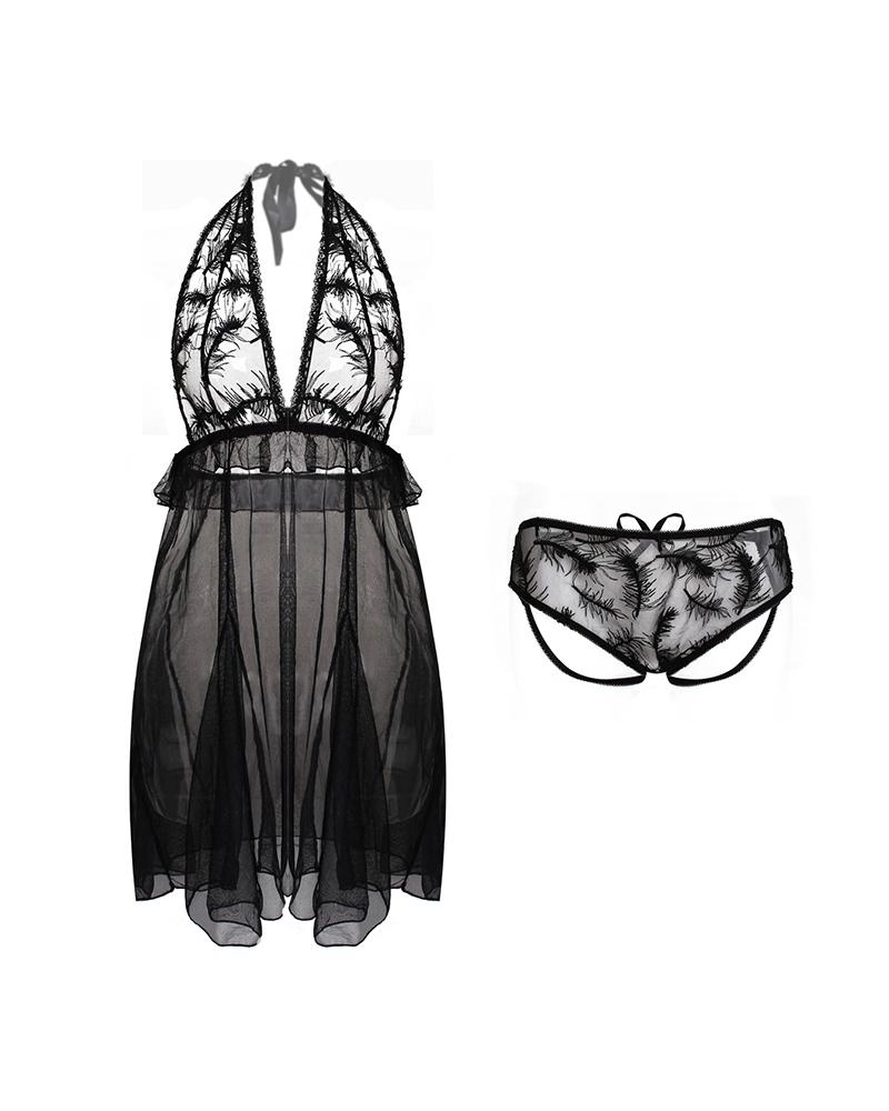 

Halter Sheer Mesh Lace Babydoll With Thong, Black