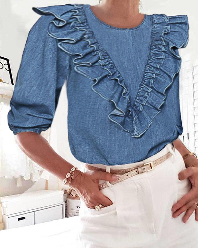 

Denim Round Neck Ruffles Casual Blouse, Blue