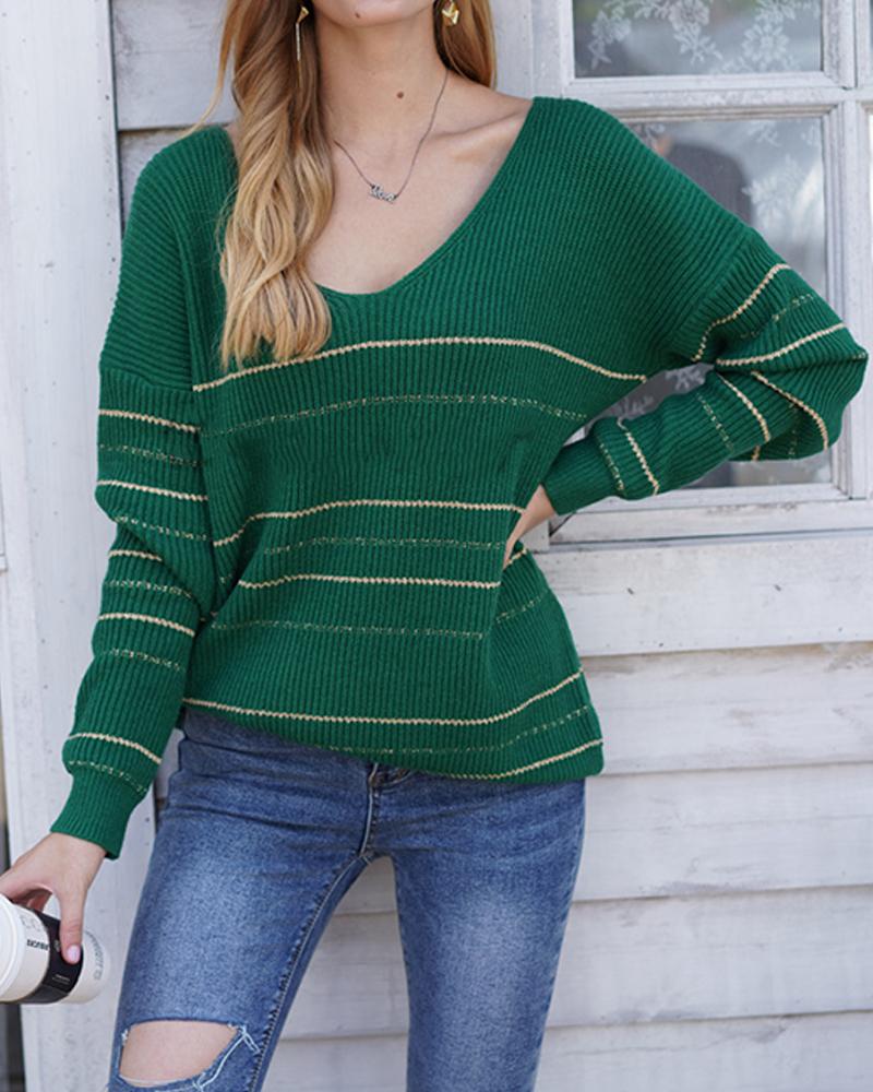 

Golden Striped Long Sleeve Knitted Sweater, Green