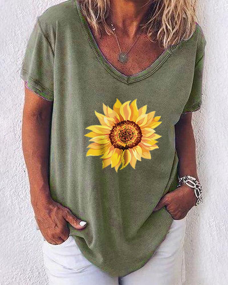 

V Neck Sunflower Print Casual T-shirt, Green