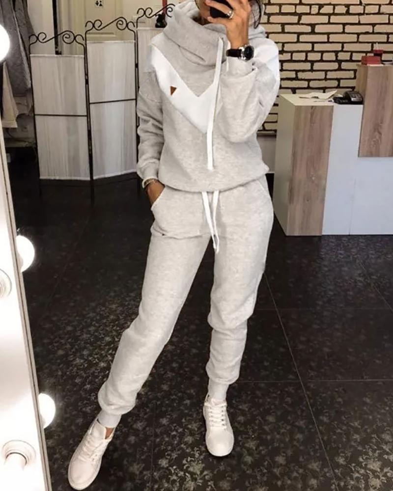 

Colorblock Hooded Top & Drawstring Pockets Design Pants Set, Gray
