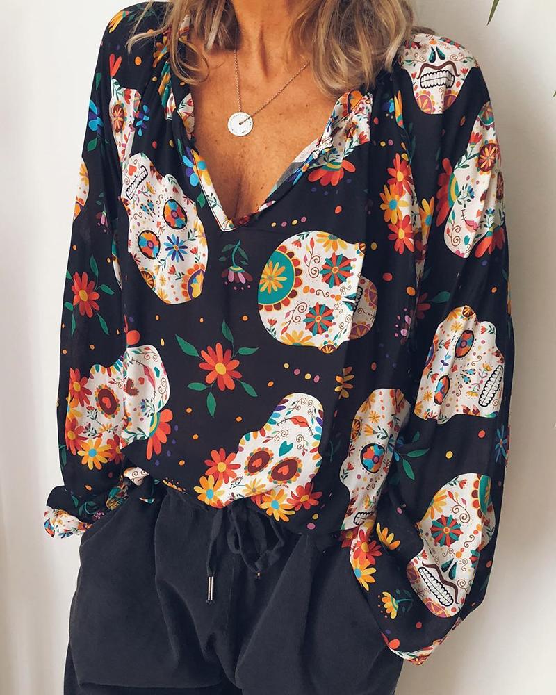 

Skull Flower Print Casual Blouse, Black
