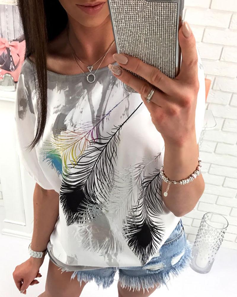 

Feather Printed Short Sleeve Casual T-Shirt, Gray