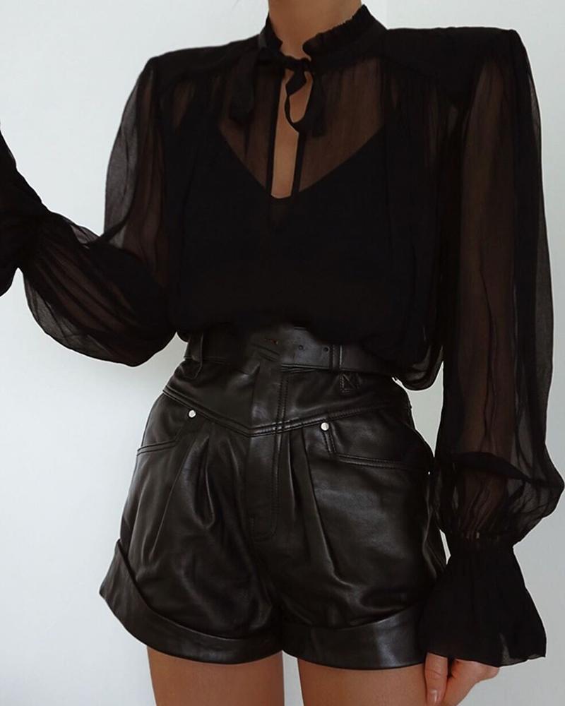 

Tie-Up Long Sleeve Mesh Top, Black