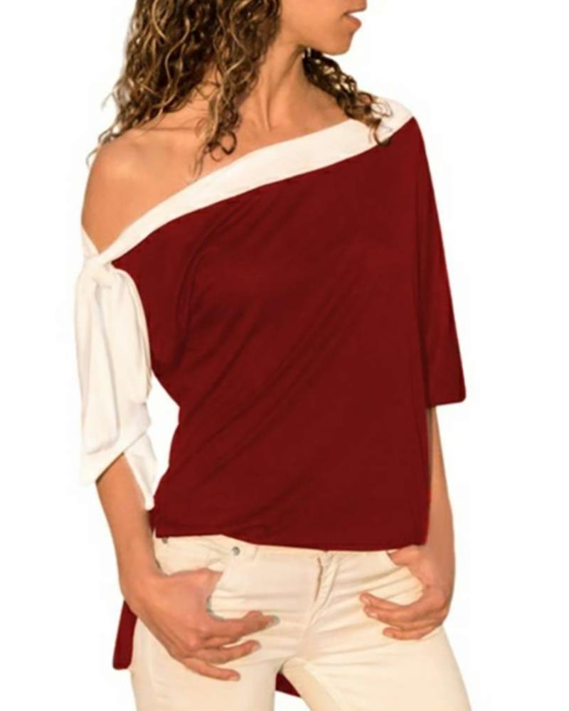 

One Shoulder Colorblock Knotted Top, Wine red