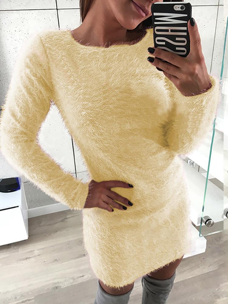 

Trendy Plain Fluffy Long Sleeve Bodycon Dress, Beige