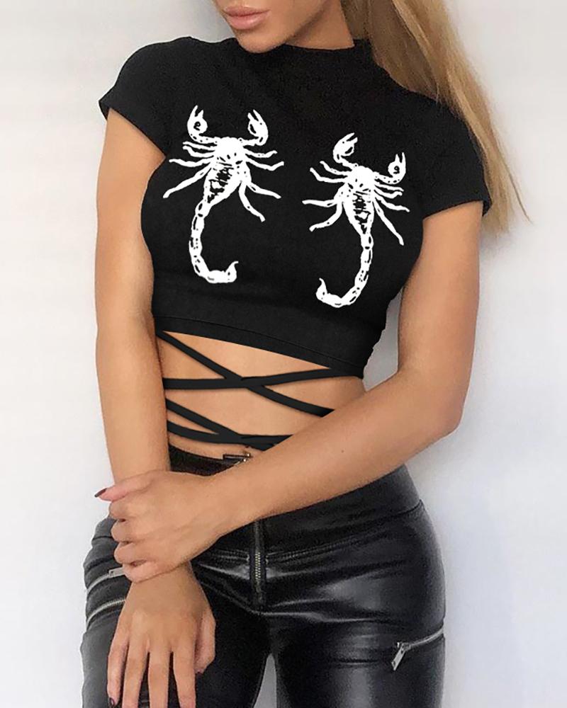 

Scorpion Print Tie Detail Casual T-shirt, Black