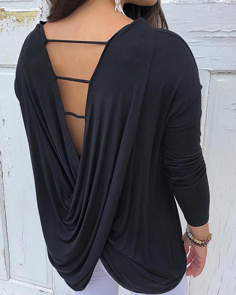 

Solid Cut Out Drape Back Long Sleeve Top, Black