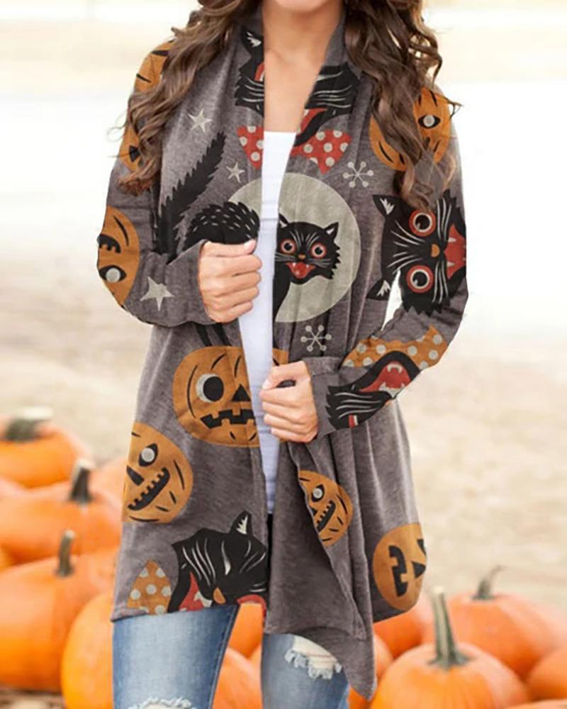 

Halloween Cat Pumpkin Print Long Sleeve Cardigan, Gray