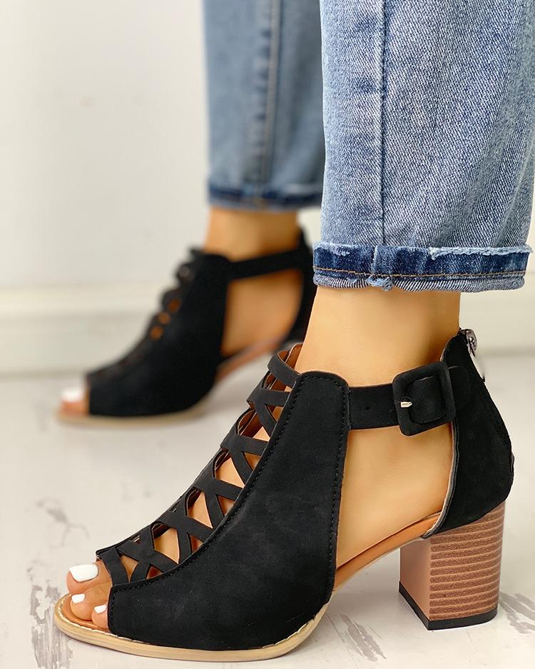 

Lace-Up Hollow Out Peep Toe Ankle Boots, Black