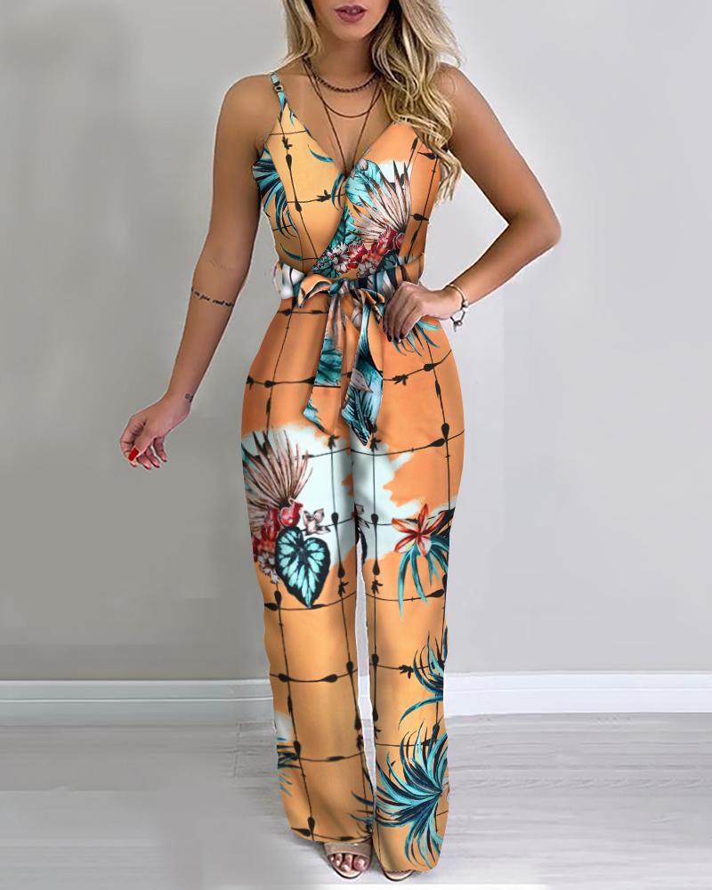 

Tropical Grid Print Colorblock Spaghetti Strap Jumpsuit, Orange