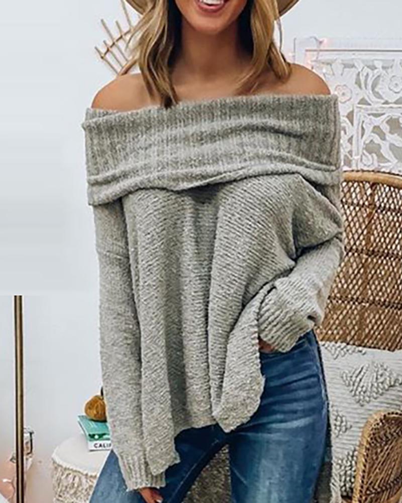 

Plain Off Shoulder Long Sleeve Sweater, Gray