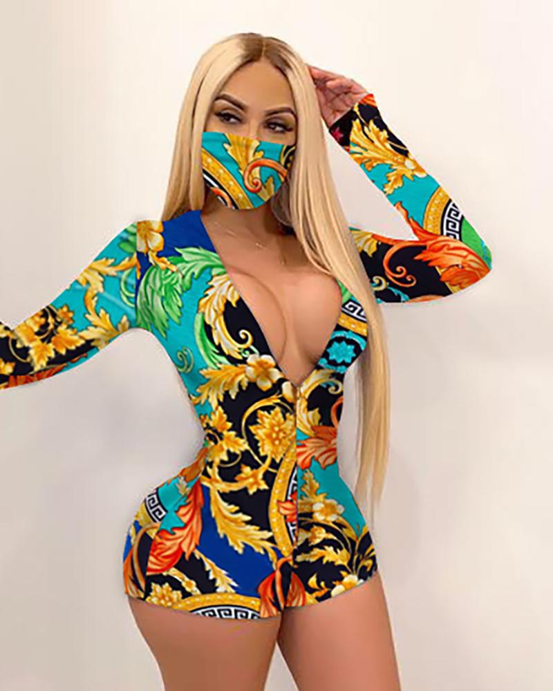 

Plunge Retro Print Long Sleeve Romper With Bandana, Multicolor
