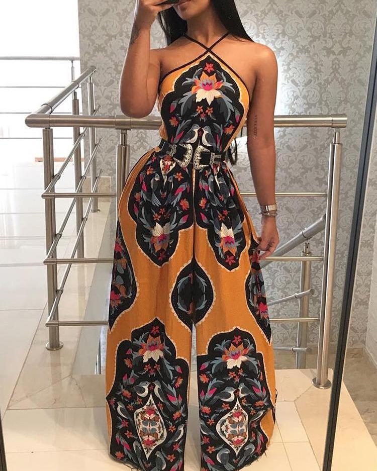 

Halter Vintage Print Wide Leg Jumpsuit