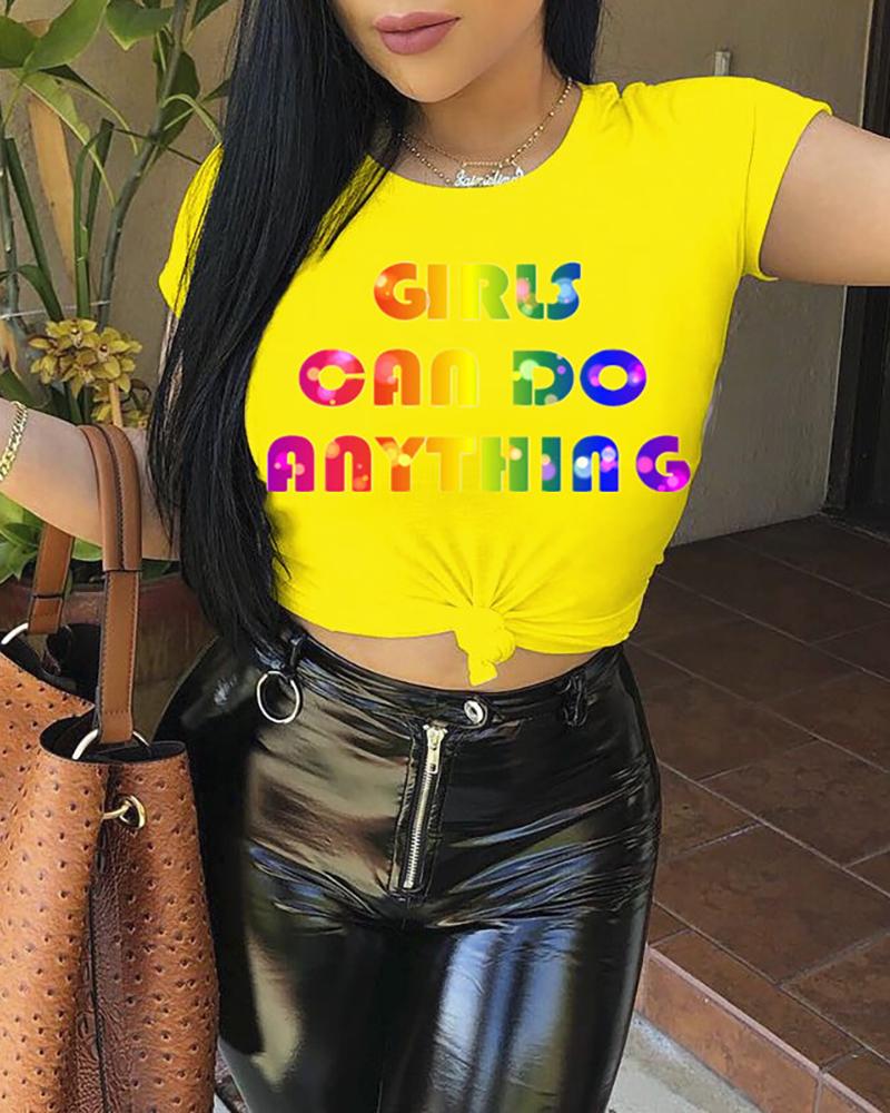 

Colorful Letter Print Casual T-Shirt, Yellow