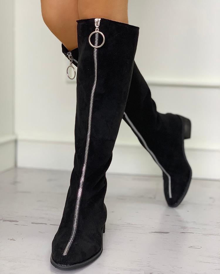 

O-Ring Zipper Design Suede Boots, Black
