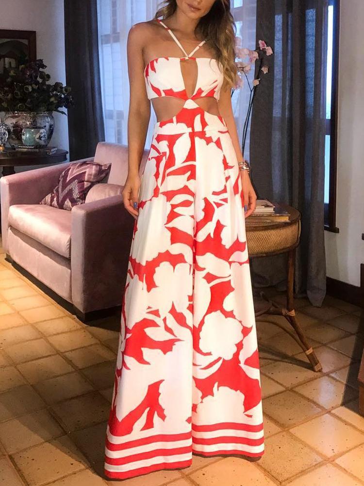 

Fashion Print Halter Backless Wide Leg Jumpsuit, Multicolor