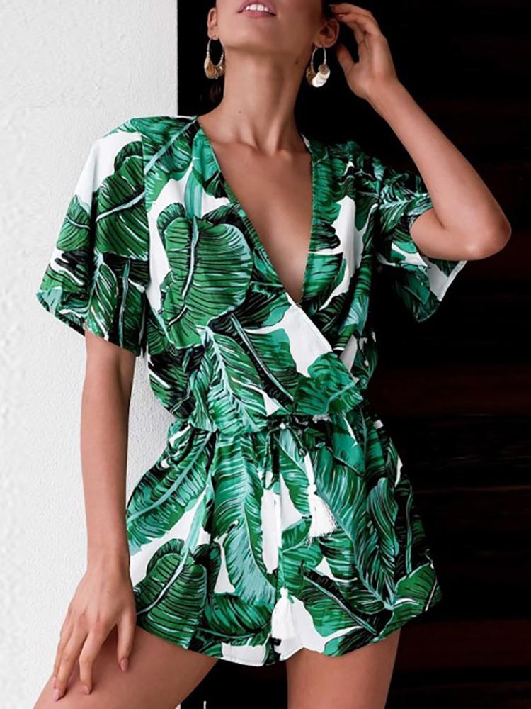 

Stylish Leaf Print Short Sleeve Wrapped Playsuit, Green