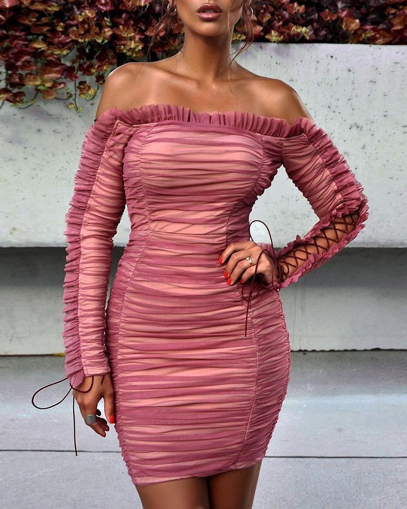 

Off Shoulder Frill Design Lace--up Ruched Bodycon Dress, Pink