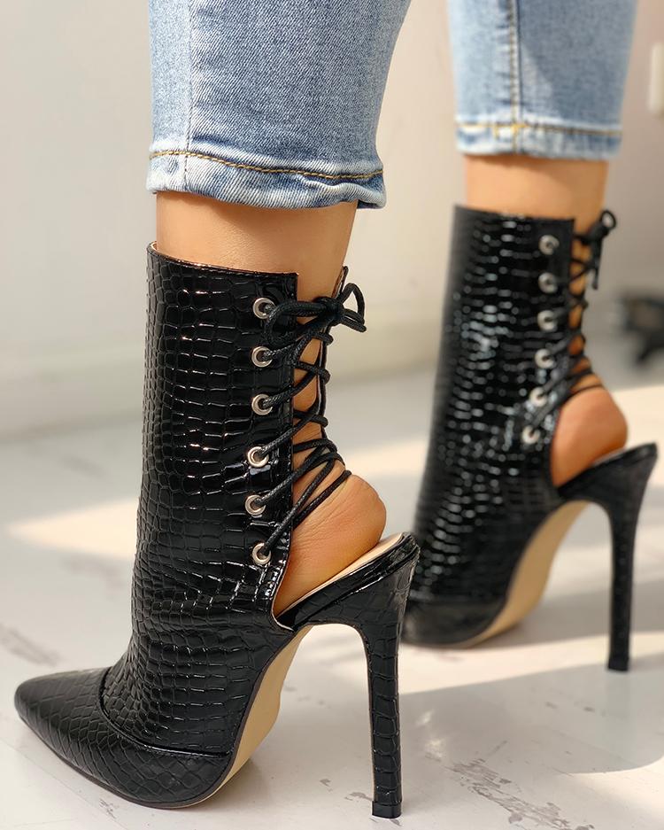 

PU Snakeskin Lace-Up Eyelet Thin Heeled Boots, Black