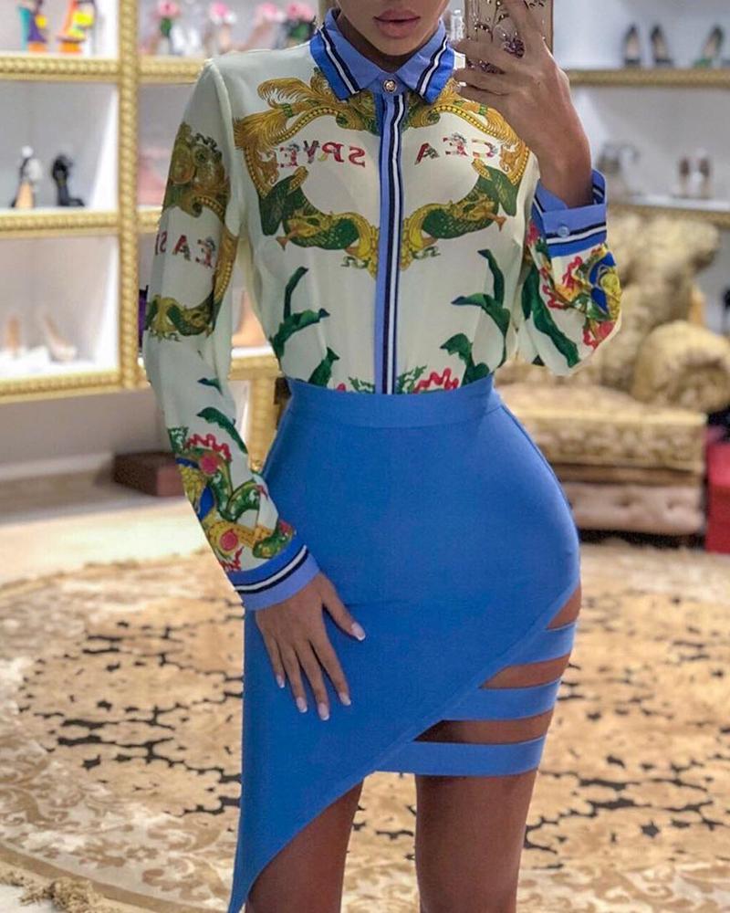 

Vintage Print Shirt and Cutout Skirt Sets, Blue
