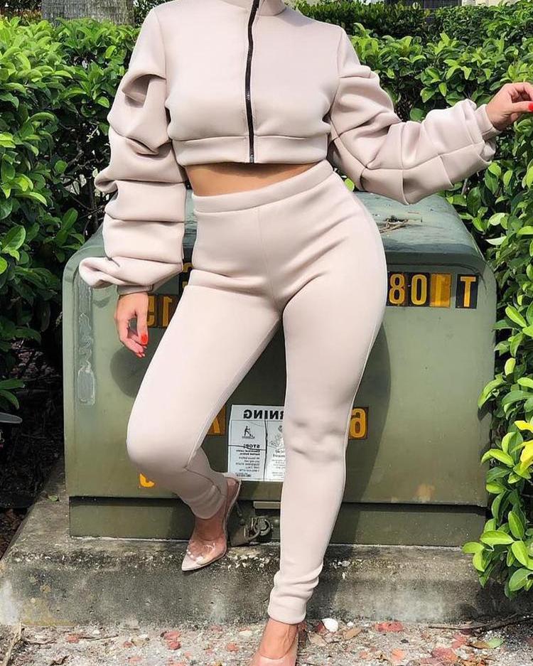 

Zipper Design Long Sleeve Coat & Pant Sets, Apricot