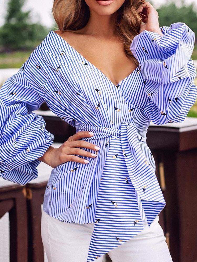 

Print & Pinstripes Lantern Sleeve Belted Blouse