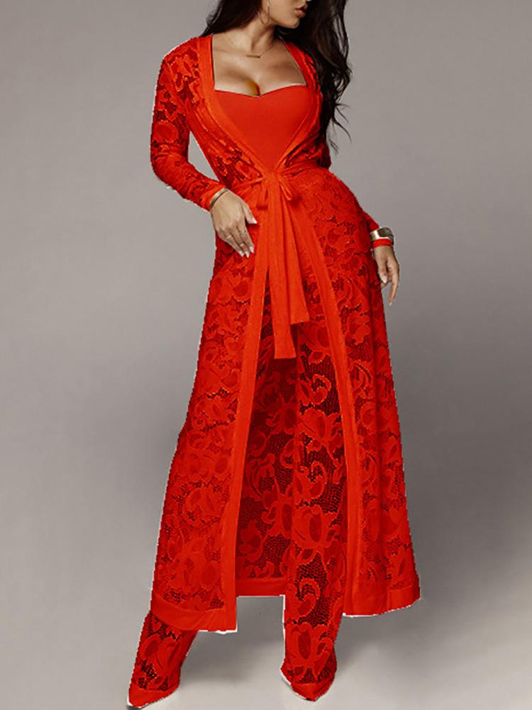

Lace Tie Waist Cardigan & Pants With Strapless Top Sets, Red