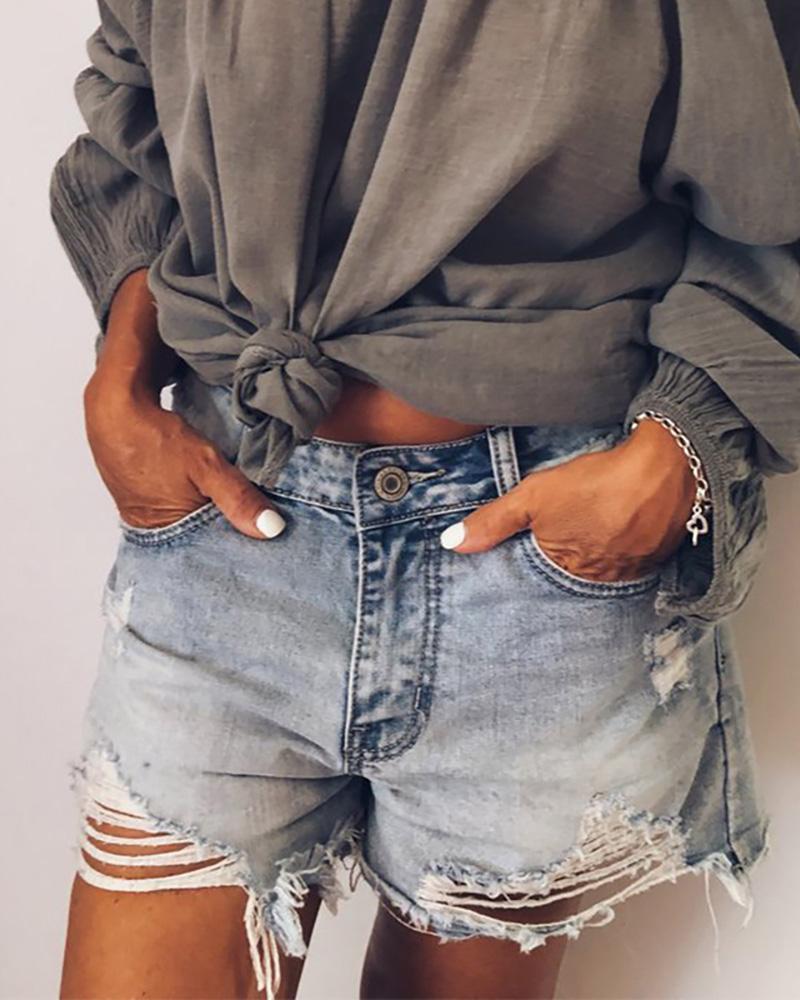 

Distressed Cutout Pockets Casual Denim Shorts, Blue