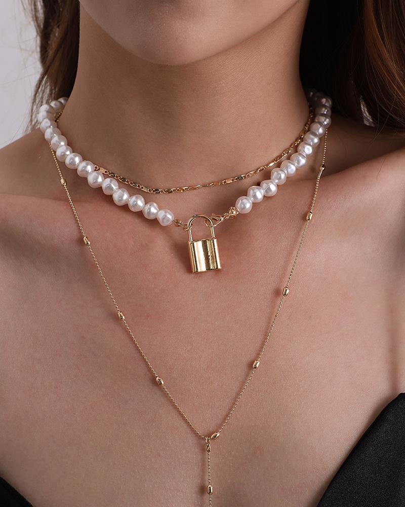

Pearl Lock Pattern Layered Chain Necklace, Gold